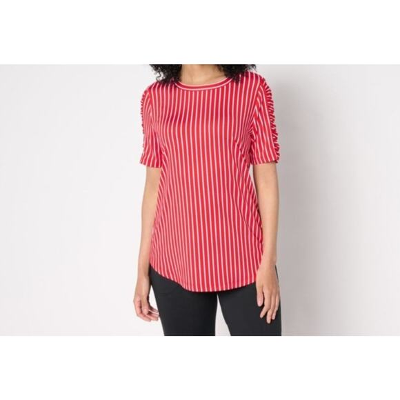 Denim & Co Size M Red Stripe Cool To The Touch Jersey Tunic A688035 NWOT - Picture 1 of 8